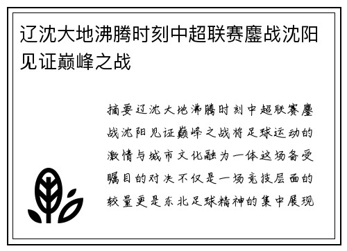 辽沈大地沸腾时刻中超联赛鏖战沈阳见证巅峰之战
